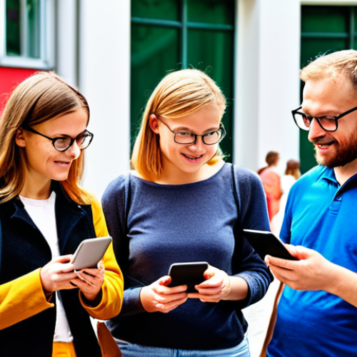 **Prompt:** A diverse group of people interacting with user-friendly digital interfaces on various devices (smartphones, tablets, laptops) in a modern German city setting, showcasing easy access to public services. Focus on bright colors, accessibility icons, and a sense of community engagement.