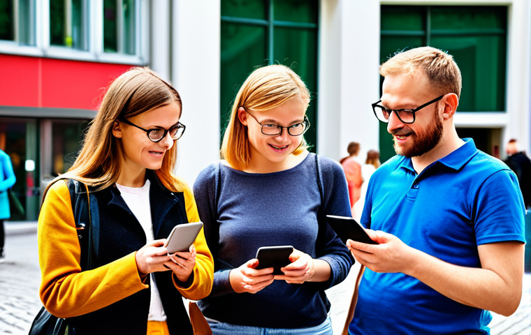 **Prompt:** A diverse group of people interacting with user-friendly digital interfaces on various devices (smartphones, tablets, laptops) in a modern German city setting, showcasing easy access to public services. Focus on bright colors, accessibility icons, and a sense of community engagement.