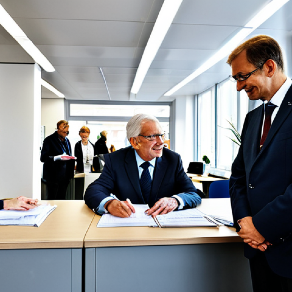 Bureaucracy and Public Service**

"A modern, well-organized German B&uuml;rgeramt (Citizen's Office) during the day, bustling with people of diverse ages and backgrounds receiving assistance.  Staff are professionally dressed, assisting citizens with various paperwork and inquiries.  Focus on helpful interaction and a clean, efficient environment. Fully clothed, appropriate content, safe for work, professional, perfect anatomy, natural pose, realistic."

**