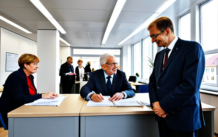 Bureaucracy and Public Service**
"A modern, well-organized German Bürgeramt (Citizen's Office) during the day, bustling with people of diverse ages and backgrounds receiving assistance. Staff are professionally dressed, assisting citizens with various paperwork and inquiries. Focus on helpful interaction and a clean, efficient environment. Fully clothed, appropriate content, safe for work, professional, perfect anatomy, natural pose, realistic."
**
