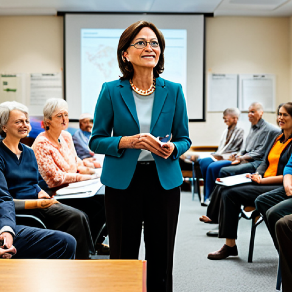 **

"A professional public administrator in a modest business casual outfit, attending a local community meeting in a well-lit town hall. The scene should depict engaged citizens, maps, and presentation materials. Focus on capturing the energy of democratic participation. Fully clothed, appropriate content, safe for work, professional, perfect anatomy, natural proportions, high resolution."

**