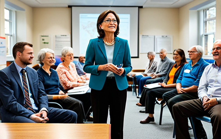 **

"A professional public administrator in a modest business casual outfit, attending a local community meeting in a well-lit town hall. The scene should depict engaged citizens, maps, and presentation materials. Focus on capturing the energy of democratic participation. Fully clothed, appropriate content, safe for work, professional, perfect anatomy, natural proportions, high resolution."

**