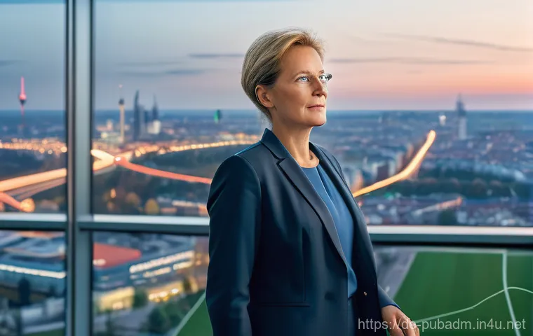 공공정책 리더십 - A visionary German female political leader in her late 40s, dressed in a contemporary business suit,...