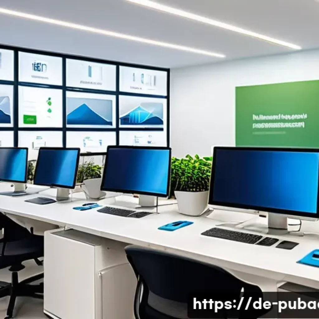 행정학 연구 및 사례 분석 - A modern German municipal office interior showcasing digital transformation in public administration...