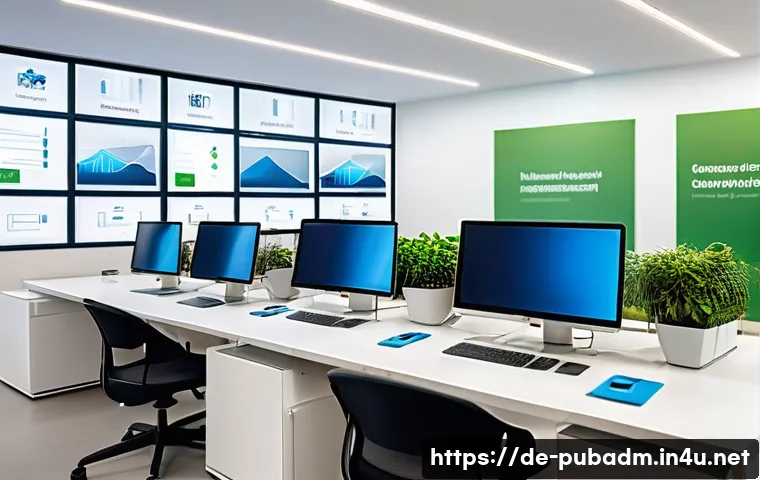 행정학 연구 및 사례 분석 - A modern German municipal office interior showcasing digital transformation in public administration...