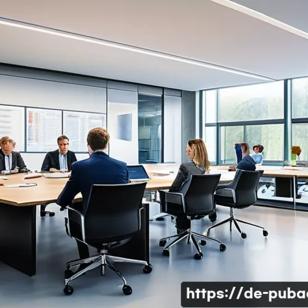 행정학과 정치학의 관계 - A detailed, realistic office scene in a modern German public administration building, showing divers...