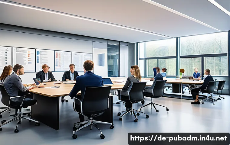 행정학과 정치학의 관계 - A detailed, realistic office scene in a modern German public administration building, showing divers...