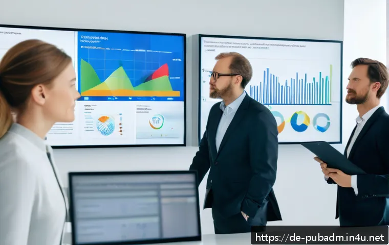 공공정책 효과 분석 방법 - A modern German government office scene showing a diverse group of professionals analyzing quantitat...