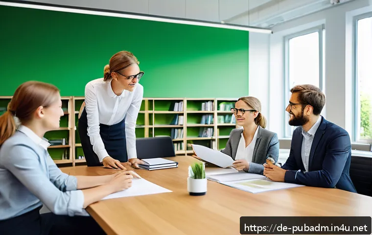 행정학과 정책 분석의 관계 - A modern German municipal office scene showcasing interdisciplinary collaboration: diverse professio...