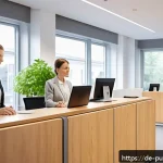 Home 19 행정과 법적 측면 - A calm, modern German government office interior with a diverse group of polite adults in business c...