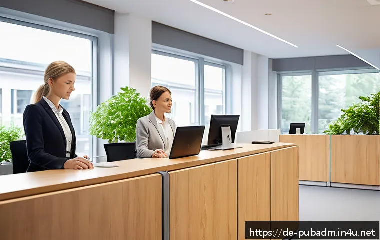 행정과 법적 측면 - A calm, modern German government office interior with a diverse group of polite adults in business c...