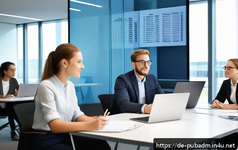 행정에서의 갈등 해결 - A modern German office environment showing a diverse team of professional employees engaged in an op...