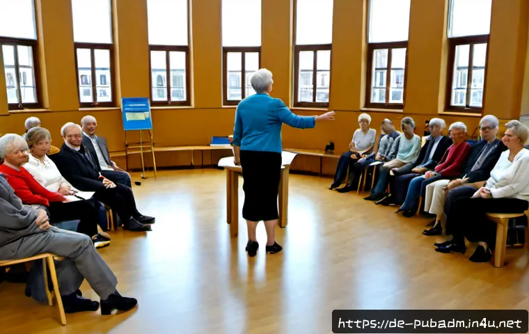 Home 17 공공정책에 대한 시민 참여 - Photorealistic civic participation meeting in a modern German town hall, diverse adult residents sea...