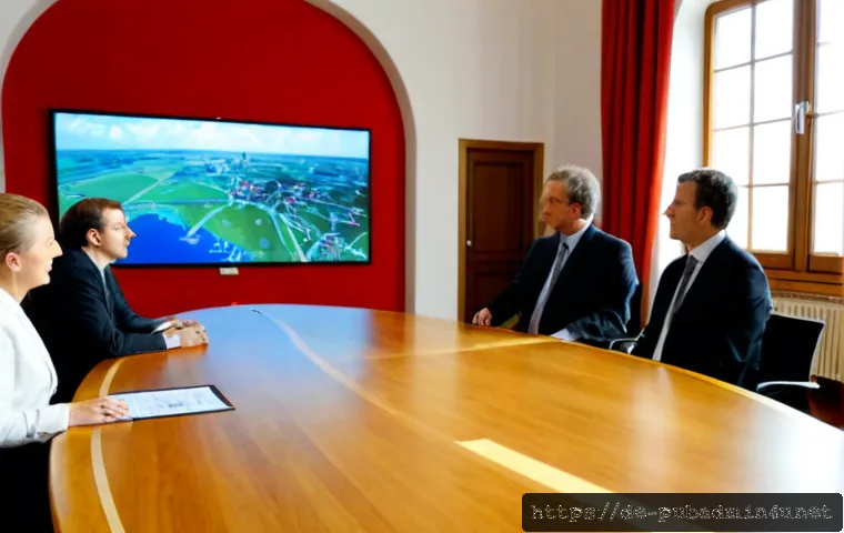 Home 30 행정의 정치적 차원 - Photorealistic scene inside a modern German municipal council chamber, diverse local officials in pr...