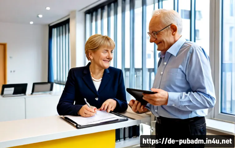 Home 17 정부의 대민 서비스 향상 - Photorealistic modern German public service office, a friendly civil servant assisting an older coup...